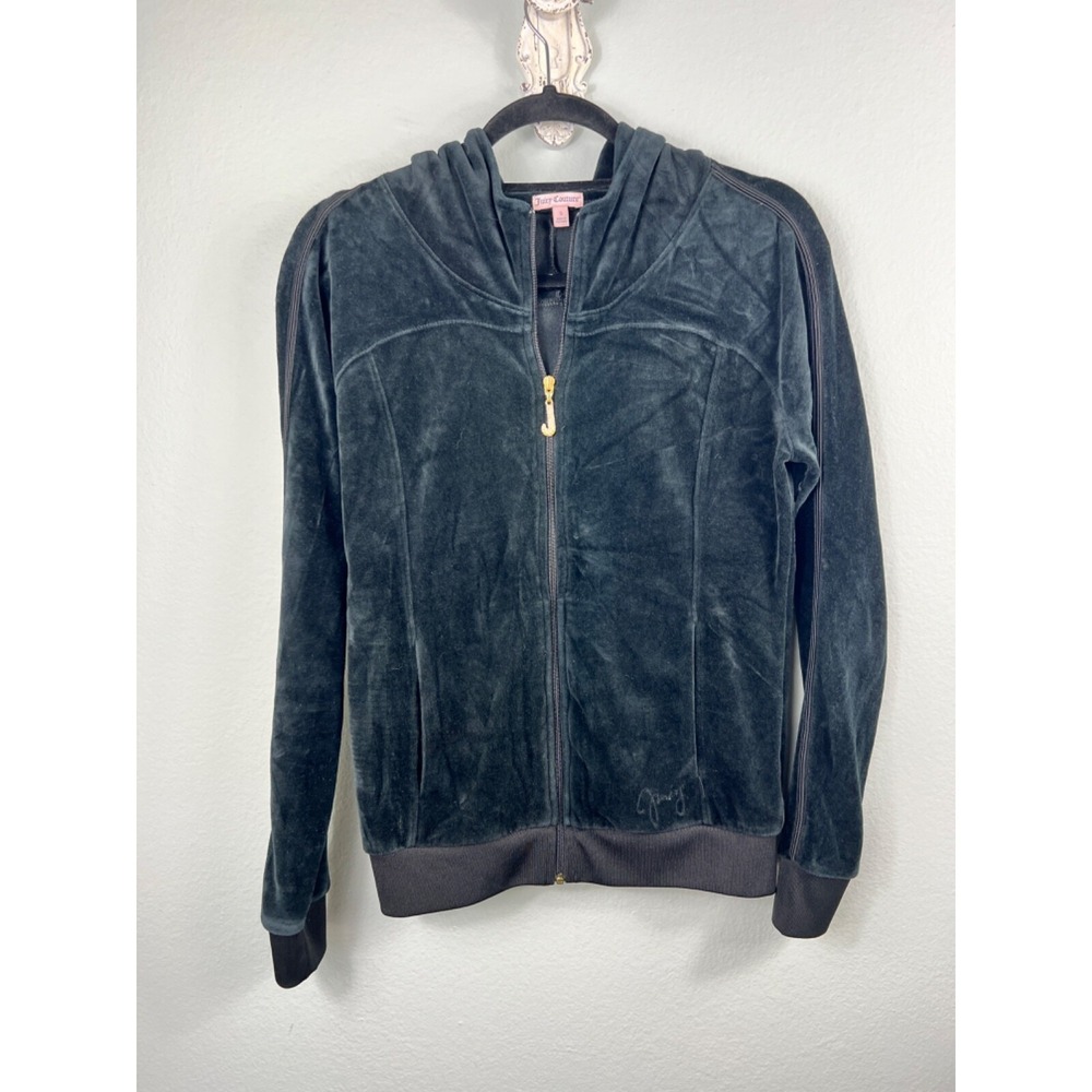 Juicy Couture Hoodie Small Black Velour Y2K Rhinestone J-Pull Track Jacket
